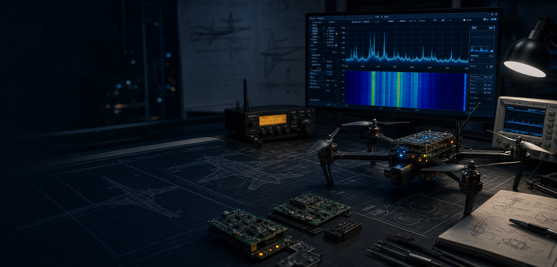 Aerospace workbench with drone hardware, avionics electronics, SDR display, and aircraft blueprint sketches