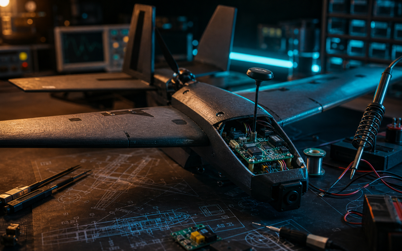 Custom drone prototype on a workbench